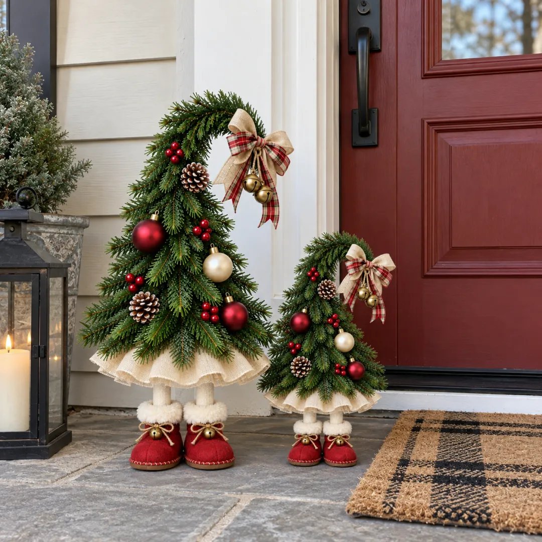 Whimsical Christmas Elf Tree pair at covered front door
