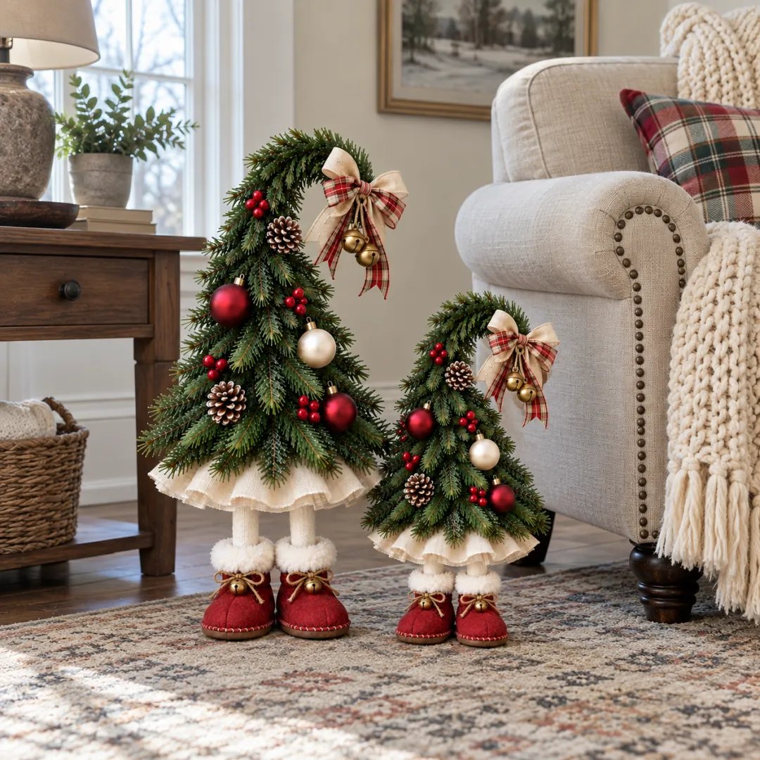 Whimsical Christmas Elf Trees in cozy farmhouse living room