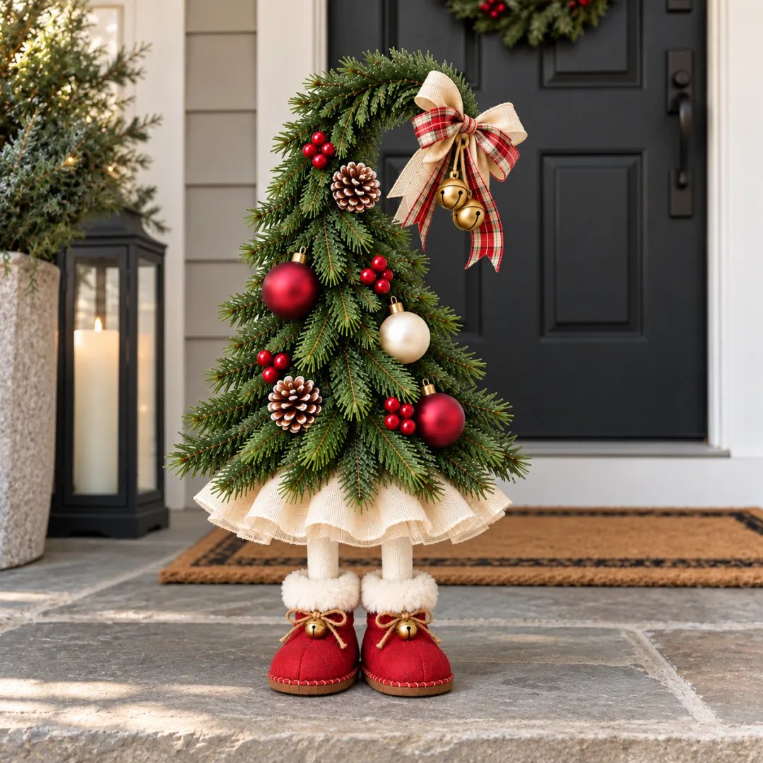 Large Whimsical Christmas Elf Tree beside front door
