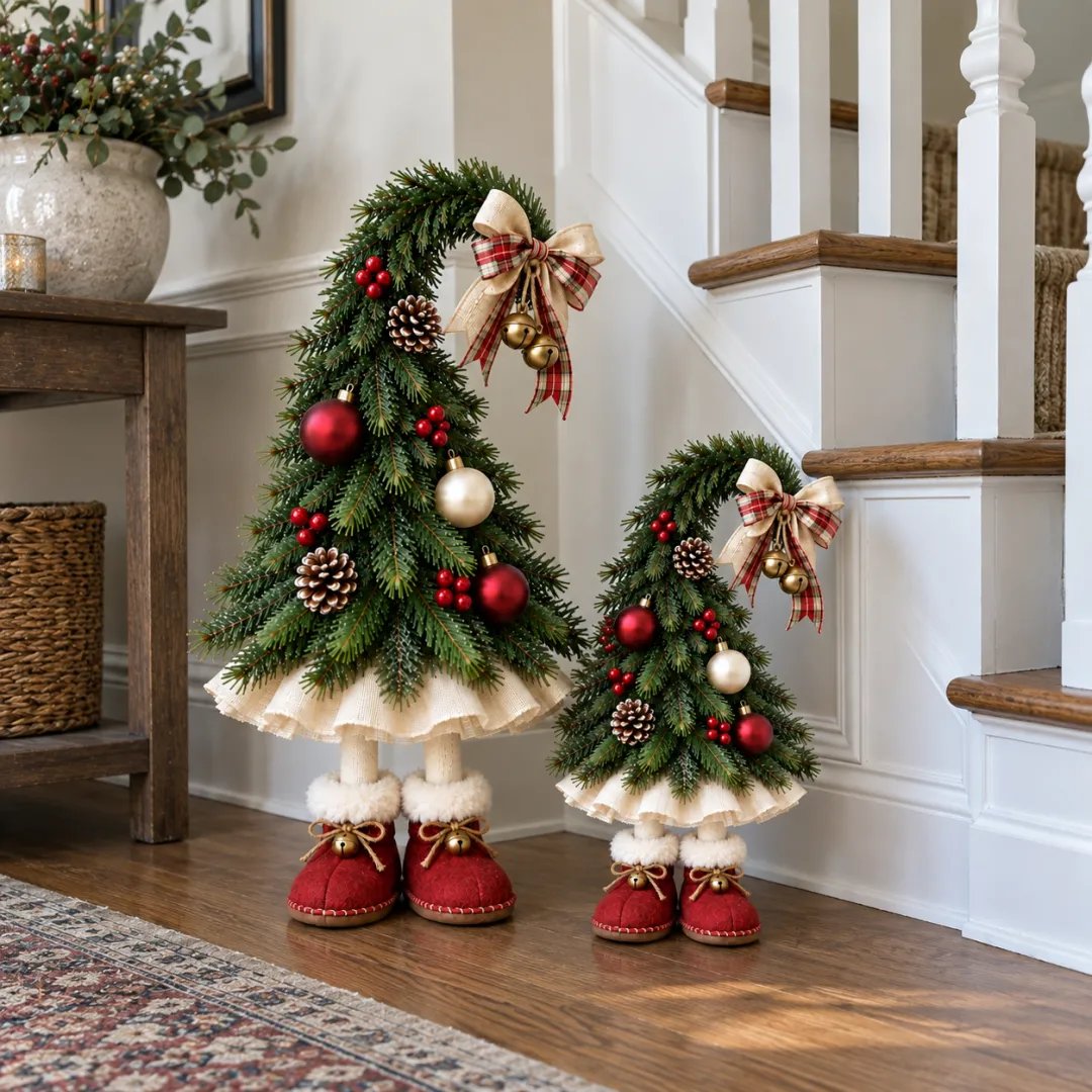 Large and small Whimsical Christmas Elf Tree Decor beside staircase
