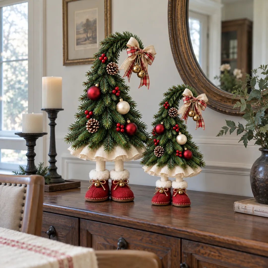 Whimsical Christmas Elf Trees displayed on wooden sideboard
