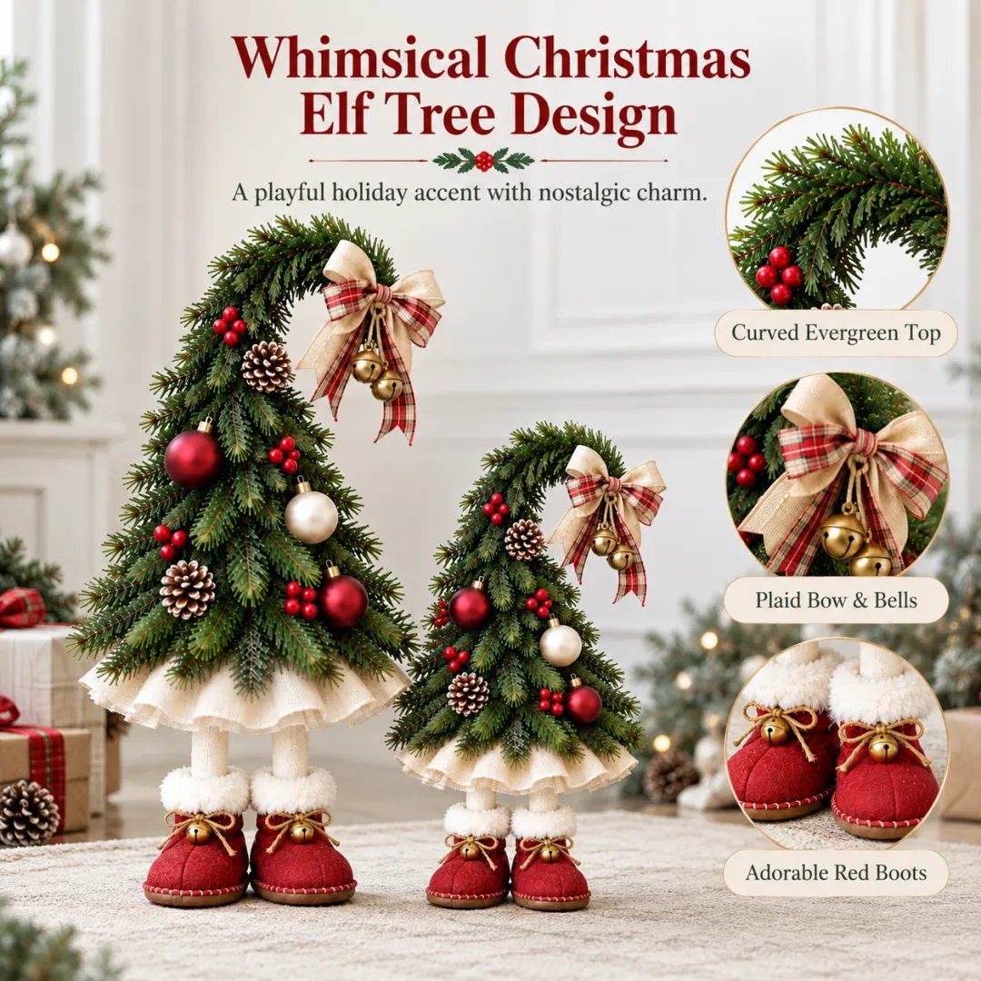 Whimsical Christmas Elf Tree design details including curved top bow and red boots